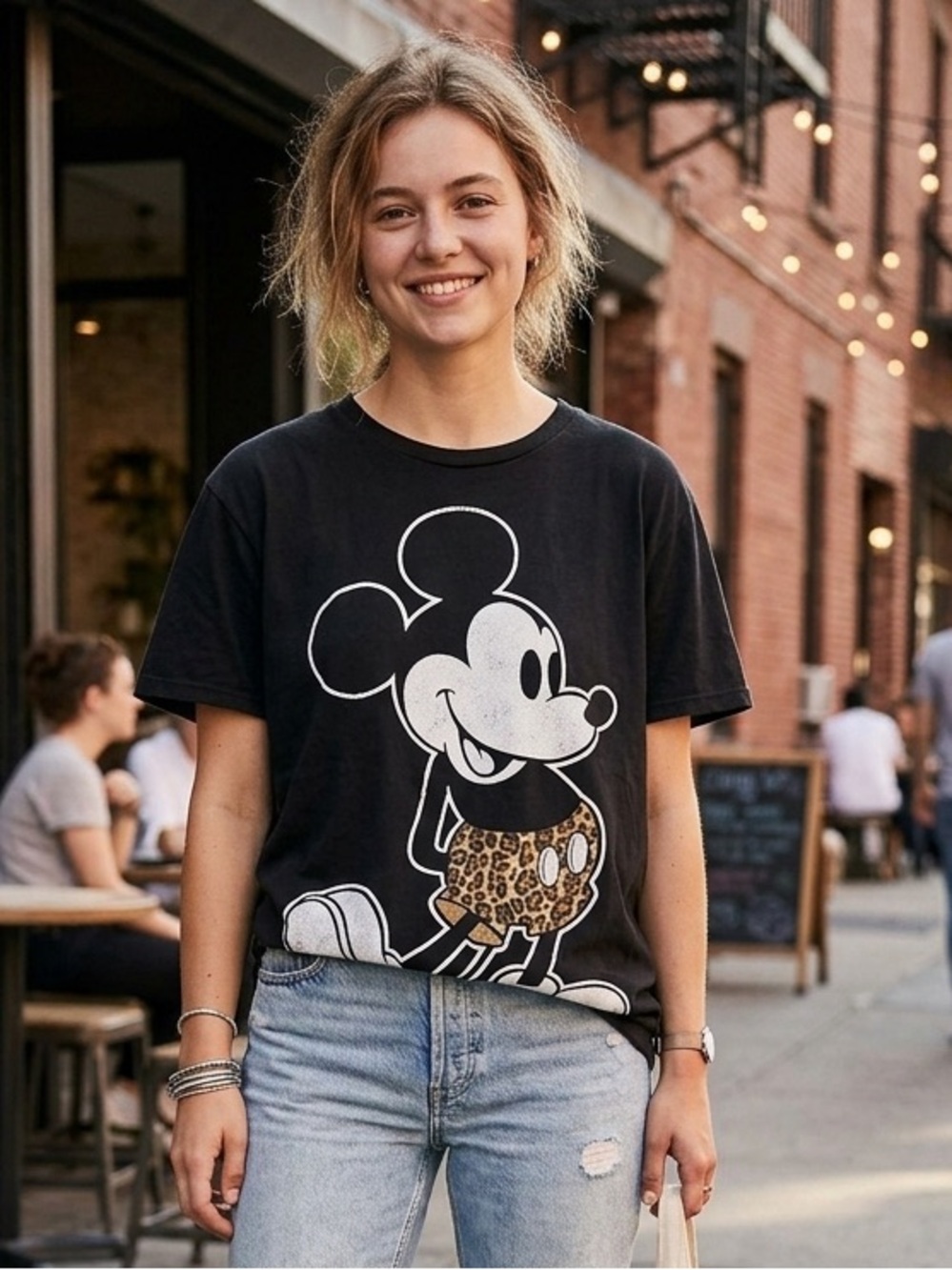 Disney Black T-Shirt with Mickey and Leopard-Print Shorts